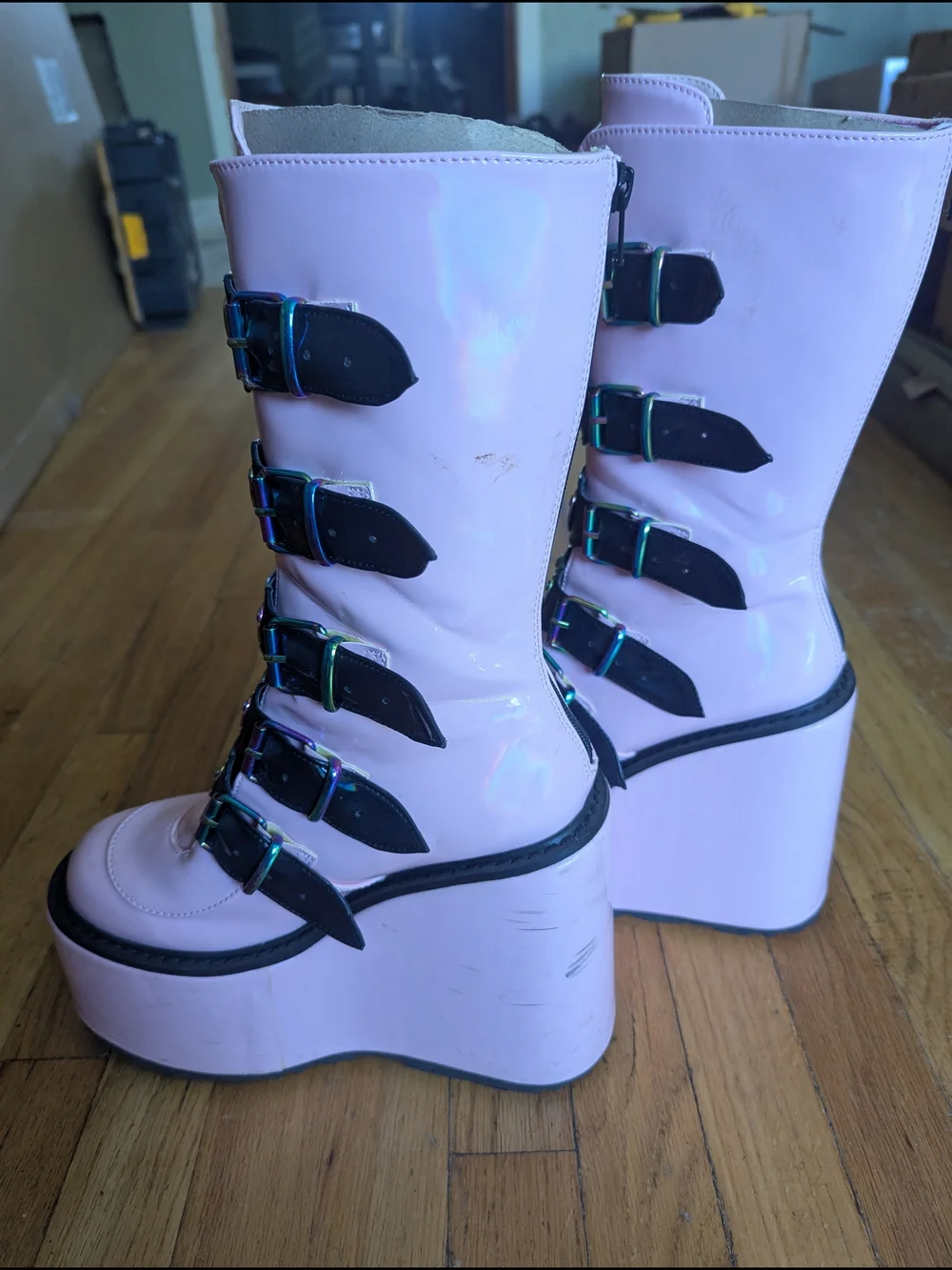 Demonia Rareish FashioNation Collab Pink Heart-Buckle Platform Boots